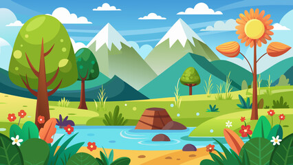 Fototapeta premium Vector art of vibrant cartoon landscape with snowcapped mountains, a winding river, lush green trees, colorful flowers, and a bright blue sky with fluffy clouds