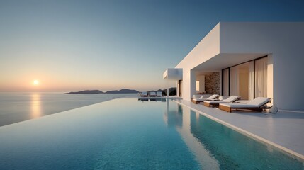 Fototapeta premium White modern house overlooking ocean at sunset.