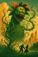 Halloween style illustration of a monstrous radioactive plant with sharp teeth and tangled vines emerging from the forest as a couple flees toward a distant city
