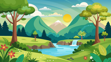 Naklejka premium Vector art of stylized illustration of a peaceful natural landscape with mountains, a river, a waterfall, and trees under a bright sun