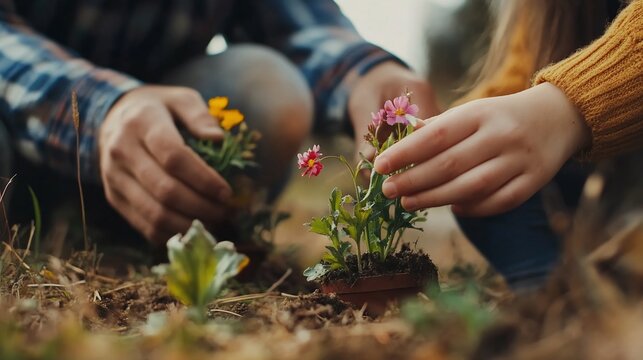 Hands planting flowers in garden, family activity, gardening hobby - Powered by Adobe