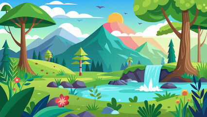 Naklejka premium Vector art of vibrant cartoon landscape with lush green trees, rolling hills, a sparkling river with a waterfall, and majestic mountains under a colorful sky with a bright sun