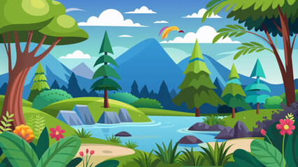 Obraz premium Vector art of charming cartoon nature scene with diverse trees, a flowing river, rocky banks, and layered mountains, highlighted by a paraglider in the sky