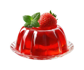 Delicious strawberry gelatin dessert with fresh mint on glass plate isolated on transparent background, png