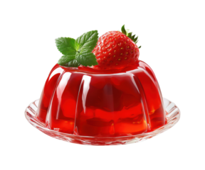 Delicious strawberry gelatin dessert with fresh mint on glass plate isolated on transparent background, png