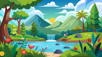 Vector art of lush cartoon landscape featuring a cascading waterfall in a river, surrounded by mountains, forests, trees, flowers, and a sunny sky with clouds
