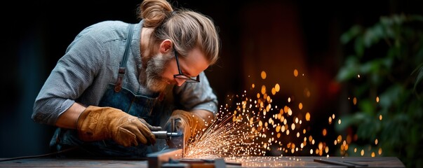 Skilled welder is welding steel in a factory, creating a shower of bright sparks. Wearing protective gear, including a welding helmet and gloves
