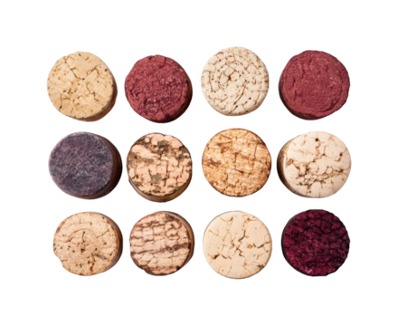 Assorted wine corks displayed in rows from bottles for wine enthusiasts isolated on transparent background, png