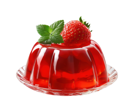 Delicious strawberry gelatin dessert with fresh mint on glass plate isolated on transparent background, png