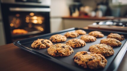 Delicious chocolate chip cookies rest on a tray, cooling near an oven in a warm kitchen atmosphere.