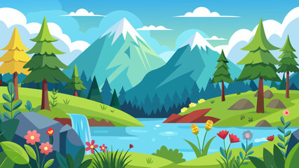 Vector art of stylized illustration of a picturesque mountain range with a flowing river, green slopes, and evergreen trees, bathed in sunlight