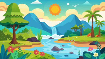 Vector art of enchanting cartoon scenery featuring a sunlit waterfall cascading into a river, surrounded by rolling hills, palm trees, and vibrant flora