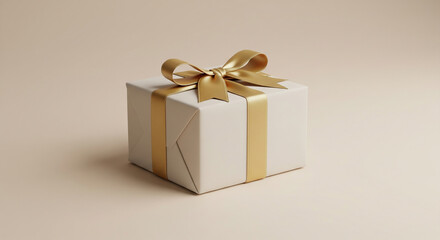 Obraz premium Wrapped gift box with a clean, modern aesthetic, centered on a soft gold background