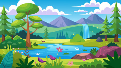 Vector art of idyllic cartoon scenery featuring a tranquil river, a cascading waterfall, verdant hills, and diverse trees against a backdrop of purple mountains and a blue sky