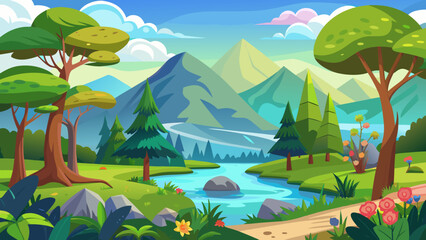 Vector art of vibrant cartoon landscape with rolling green hills, majestic blue mountains, a winding river, and lush trees under a bright blue sky with fluffy clouds