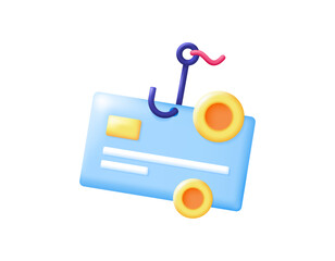 a concept of account balance theft. stealing information and money from ATM cards. phishing. illustration of a hook that catches a card and coins. crime. minimalist 3d style design. asset elements