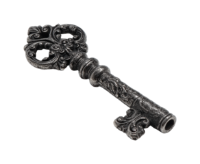 Ornate vintage skeleton key with intricate victorian floral design isolated on transparent background, png