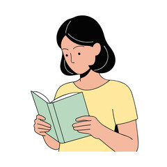 Reading book in her hands, woman is immersed in story on white background. Book reading creates a relaxing moment, focus on narrative makes her forget everyday troubles.