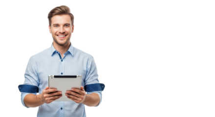 A young caucasian man in his early 20s with light brown hair and stubble, wearing a light blue dotted button-up shirt, smiles broadly holding a silver digital tablet against a transparent studio