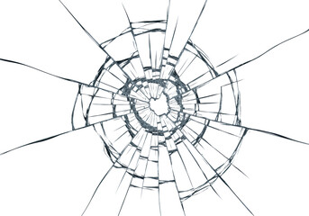 Obraz premium Ultra close-up of shattered tempered glass with a dramatic spiderweb crack pattern and jagged fragments radiating from a central impact point, against a clean pale blue studio backdrop with no