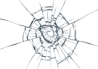 Ultra close-up of shattered tempered glass with a dramatic spiderweb crack pattern and jagged fragments radiating from a central impact point, against a clean pale blue studio backdrop with no