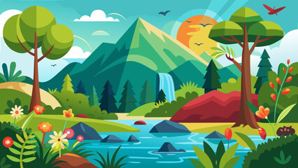 Vector art of a picturesque cartoon depiction of a tranquil river winding through a verdant mountain landscape with a waterfall, under a warm sun and blue sky