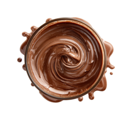 Top view of swirled chocolate spread in glass jar with spilled edges isolated on transparent background, png