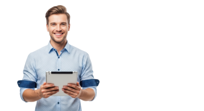 A young caucasian man in his early 20s with light brown hair and stubble, wearing a light blue dotted button-up shirt, smiles broadly holding a silver digital tablet against a transparent studio