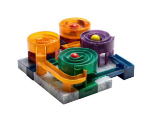 Vibrant marble maze game with multicolored plastic structure isolated on transparent background, png