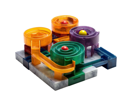 Vibrant marble maze game with multicolored plastic structure isolated on transparent background, png