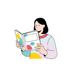 Woman reads book with abstract cover while relaxing indoors. Woman reads book, looking at interesting stories and information, engrossed in pages. Promote woman reads book for personal growth,