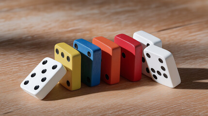 Colorful wooden dominoes arranged in a line on a wooden surface, showcasing vibrant hues and playful design, creating a visually engaging composition with shadows