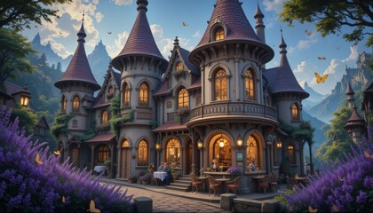 Obraz premium Quaint european village cafe with lavender and mountains