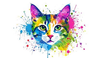Vibrant cat portrait with colorful splashes