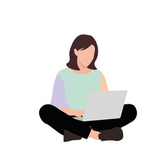 Woman working on laptop with crossed legs, woman using laptop in home environment. Illustration woman working and typing, focused on tasks, with relaxed posture.