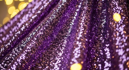 Shimmering purple sequin fabric with golden bokeh lights, creating a luxurious and festive backdrop