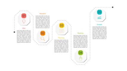 Clean and modern 5 step business process infographic with hexagonal icons. Ideal for strategy, startup concepts, growth plans, and project workflows.
