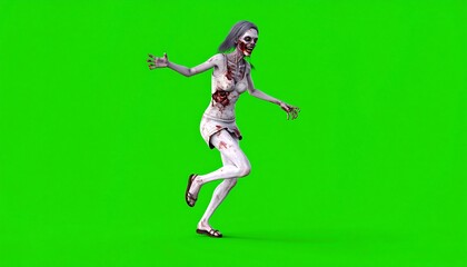 A decaying female zombie figure, running on a green screen background