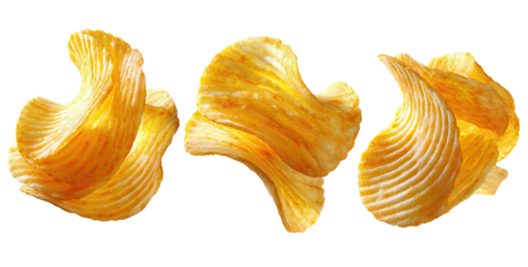 Three wavy, golden-orange potato chips, coated with a light, yellowish sauce, arranged horizontally