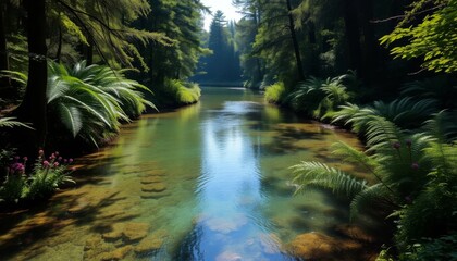 Fototapeta premium Tranquil river flowing through lush fern forest