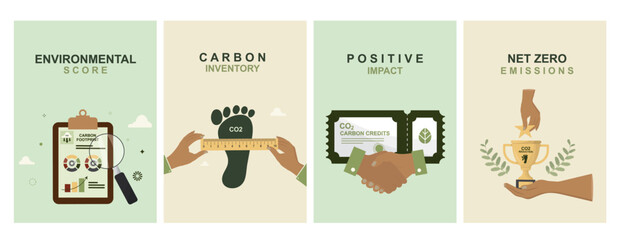 Posters collection environmental sustainability concepts including carbon inventory, positive impact initiatives, and net zero emissions achievement goals. Flat style. Vector illustration