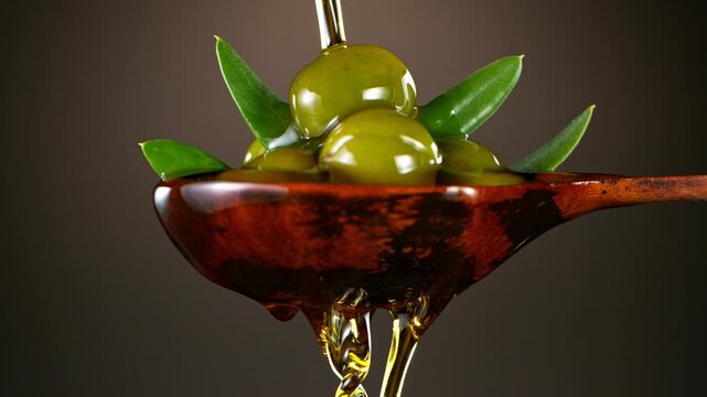Super Slow Motion of Green Olives in Wooden Spoon with Pouring Oil . Filmed on High Speed Cinematic Camera at 1000 FPS