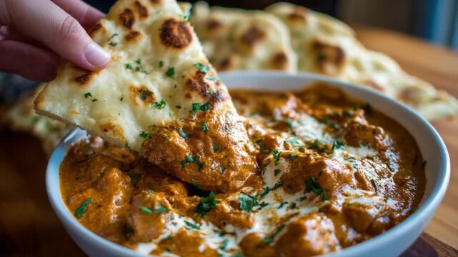 Butter Chicken & Naan: A culinary delight unfolds as a piece of warm naan is dipped into a rich, creamy bowl of butter chicken. It's a symphony of flavors and textures.