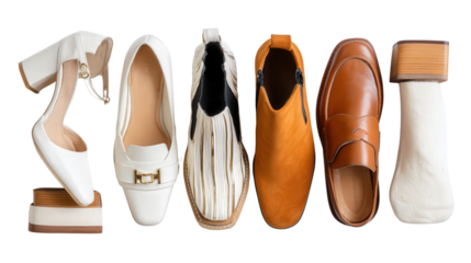 Designer Fashion Shoes: A flat lay of designer fashion shoes like high heels, boots, and loafers, isolated on a Transparent background, PNG file.