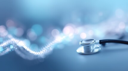 A stethoscope lies beside a digital DNA strand, symbolizing the intersection of medicine and genetics on a futuristic blue background.