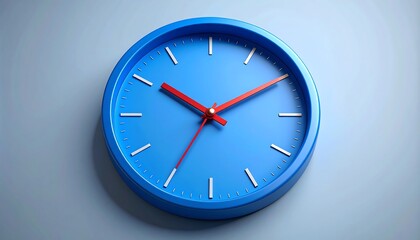 A simple, round, blue clock with red hands shows the time against a light blue background