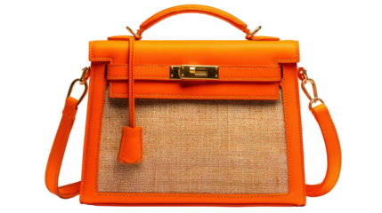 Designer Handbags and Wallets: A flat lay of designer handbags paired with matching wallets, isolated on a Transparent background, PNG file.