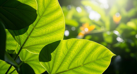 A close-up, shallow depth-of-field shot of tropical foliage, with large, lush green leaves bathed in bright, dappled sunlight