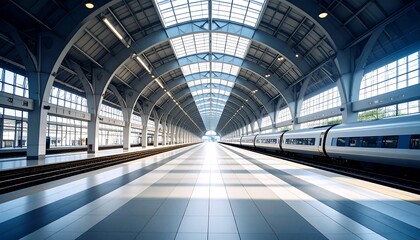 Modern train station with arched glass roof and high-speed train at platform