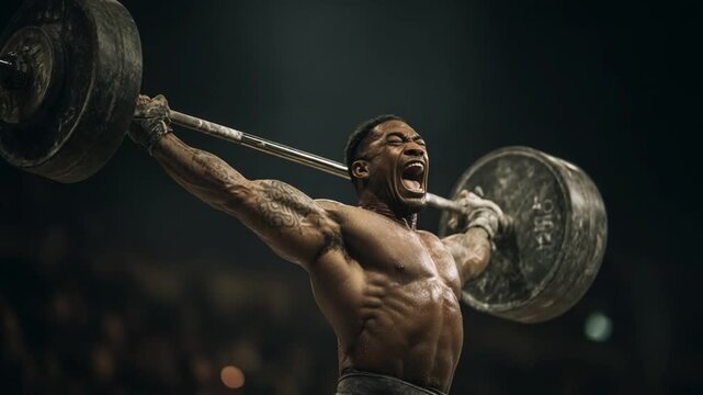 Weightlifter's Ascent: Capturing the essence of strength and dedication, a determined weightlifter strains to lift a heavy barbell high above his head, showcasing raw power and unwavering commitment.